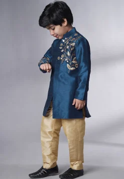 Hand Embroidered Dupion Silk Sherwani Set in Teal Blue