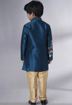 Hand Embroidered Dupion Silk Sherwani Set in Teal Blue