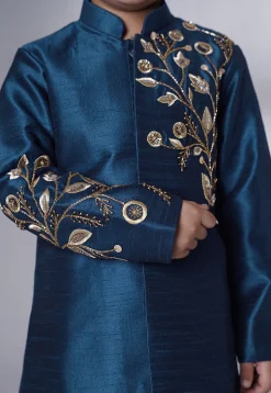 Hand Embroidered Dupion Silk Sherwani Set in Teal Blue