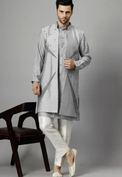 Hand Embroidered Dupion Silk Kurta Set in Grey