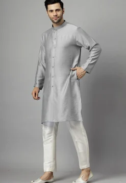 Hand Embroidered Dupion Silk Kurta Set in Grey