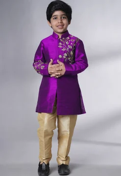 Hand Embroidered Dupion Silk Sherwani Set in Dark Magenta