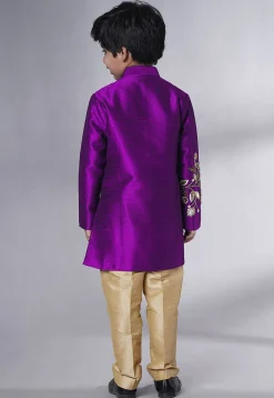 Hand Embroidered Dupion Silk Sherwani Set in Dark Magenta