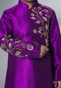 Hand Embroidered Dupion Silk Sherwani Set in Dark Magenta
