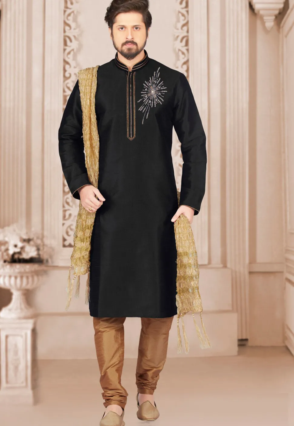 Hand Embroidered Dupion Silk Kurta Set in Black
