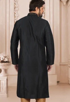 Hand Embroidered Dupion Silk Kurta Set in Black