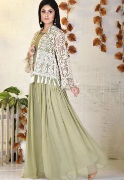 Hand Embroidered Dupion Silk Crop Top Set in Dusty Green