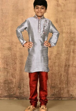 Hand Embroidered Dupion Silk Kurta Set in Grey
