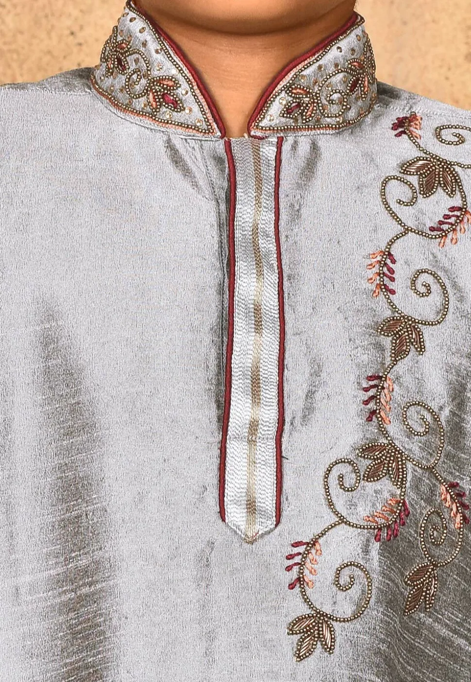 Hand Embroidered Dupion Silk Kurta Set in Grey