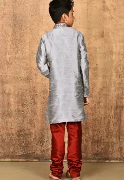 Hand Embroidered Dupion Silk Kurta Set in Grey
