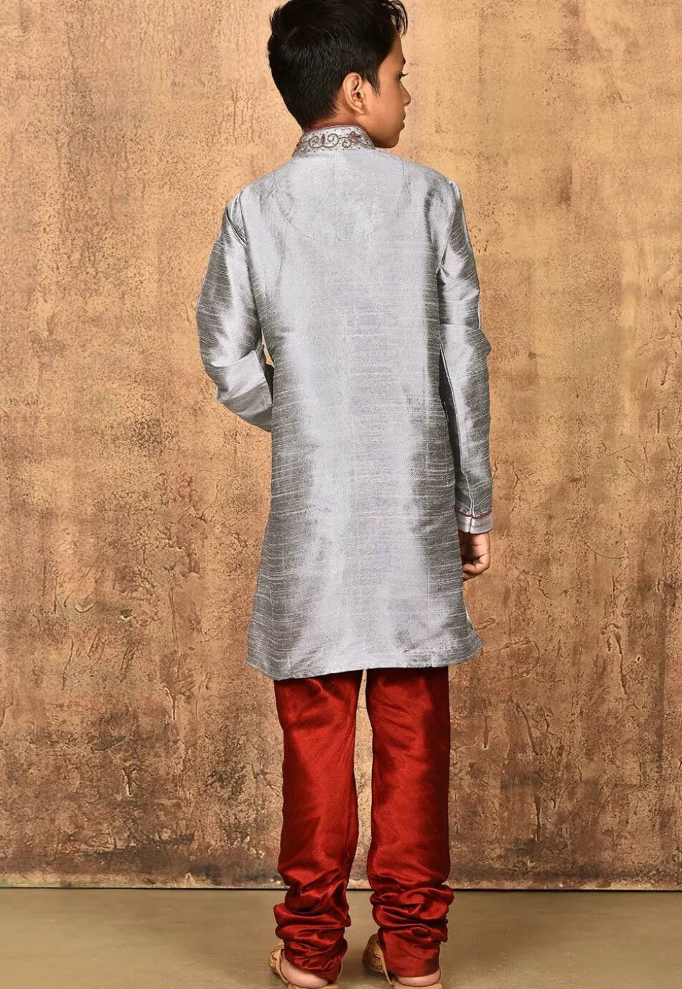 Hand Embroidered Dupion Silk Kurta Set in Grey
