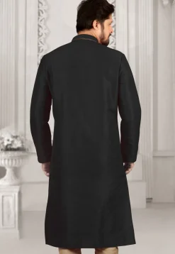 Hand Embroidered Dupion Silk Kurta in Black