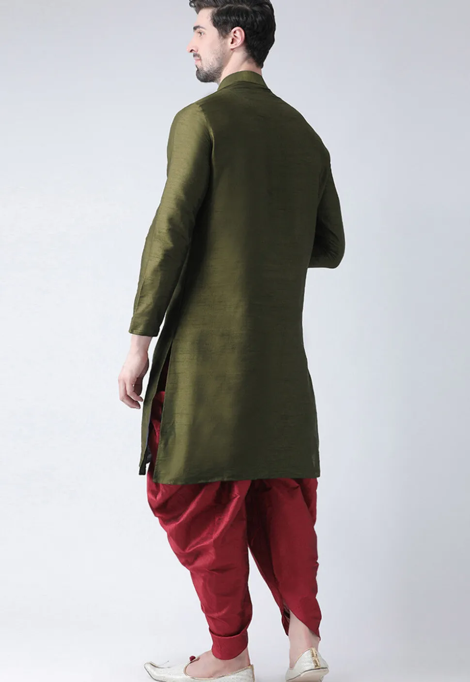 Hand Embroidered Dupion Silk Kurta Set in Olive Green