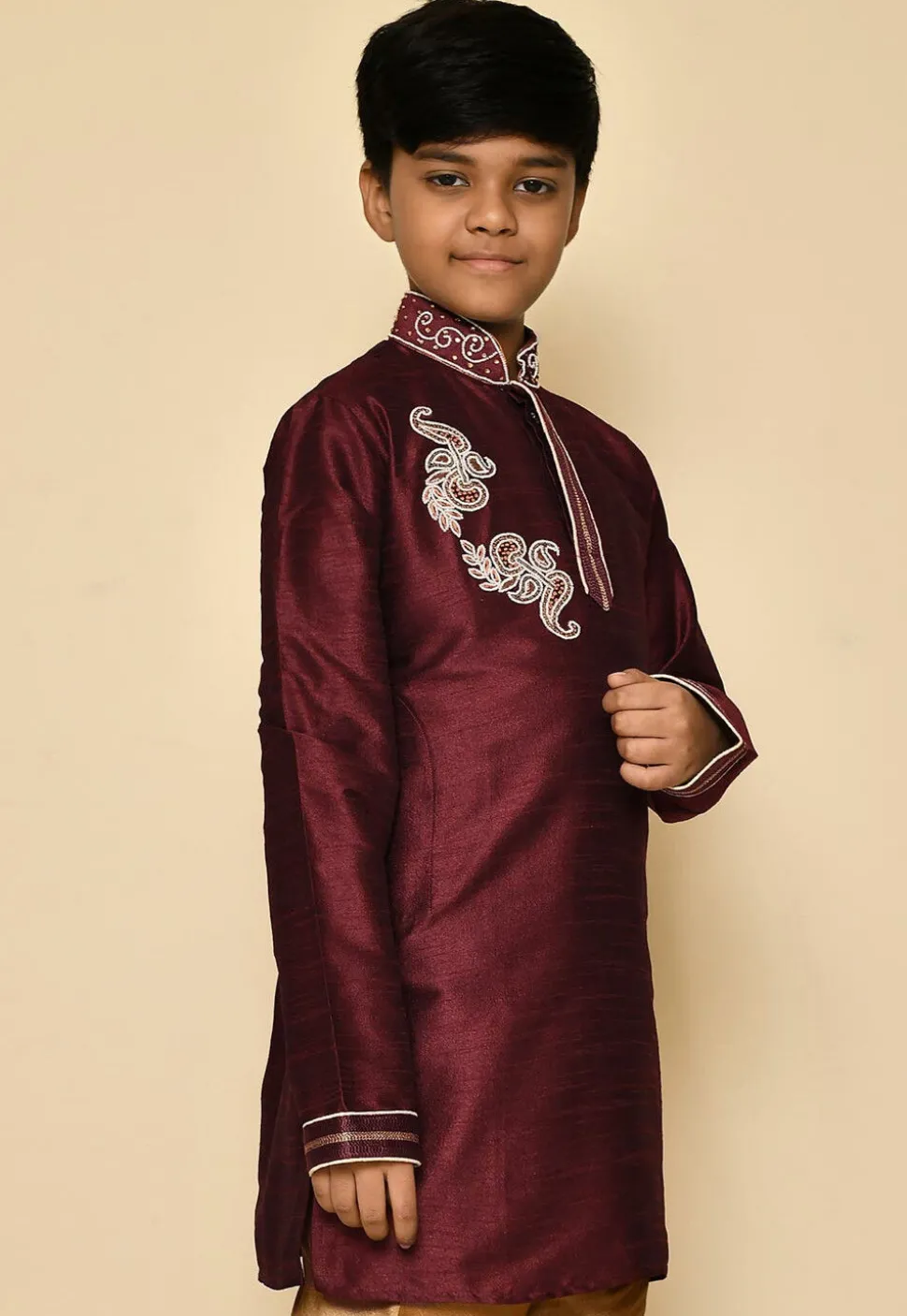 Hand Embroidered Dupion Silk Kurta in Maroon