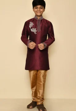 Hand Embroidered Dupion Silk Kurta in Maroon