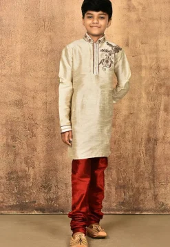 Hand Embroidered Dupion Silk Kurta Set in Light Beige