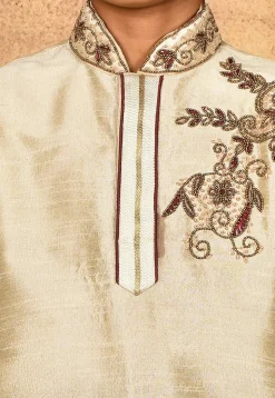 Hand Embroidered Dupion Silk Kurta Set in Light Beige