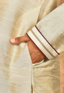 Hand Embroidered Dupion Silk Kurta Set in Light Beige