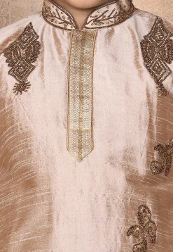 Hand Embroidered Dupion Silk Kurta Set in Beige