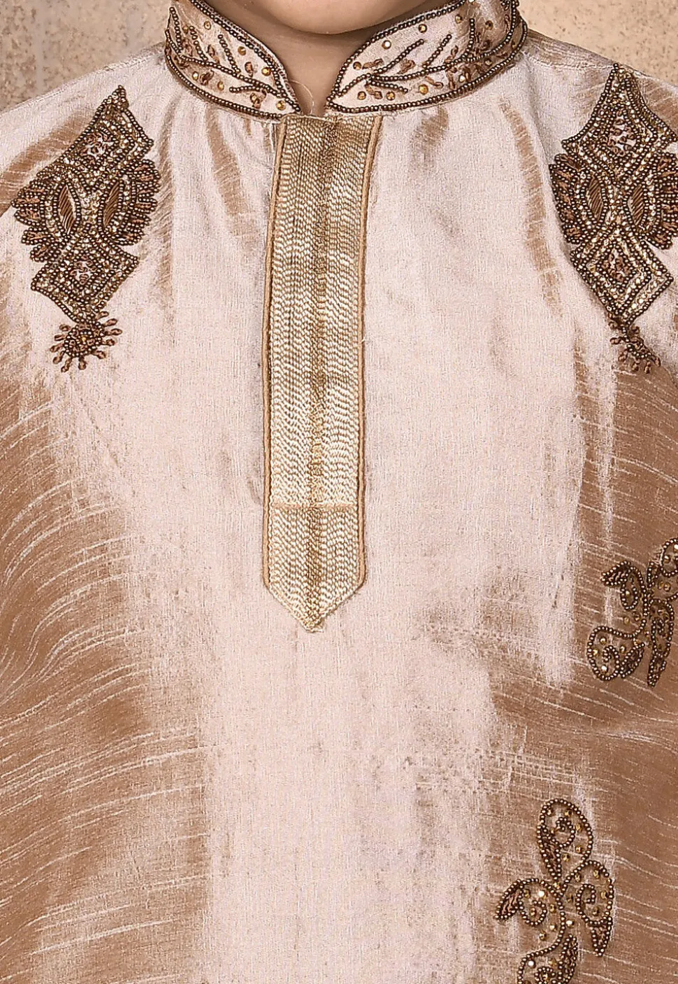 Hand Embroidered Dupion Silk Kurta Set in Beige