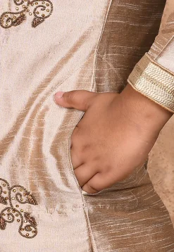Hand Embroidered Dupion Silk Kurta Set in Beige