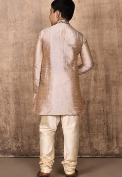 Hand Embroidered Dupion Silk Kurta Set in Beige