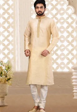 Hand Embroidered Dupion Silk Kurta Set in Light Beige