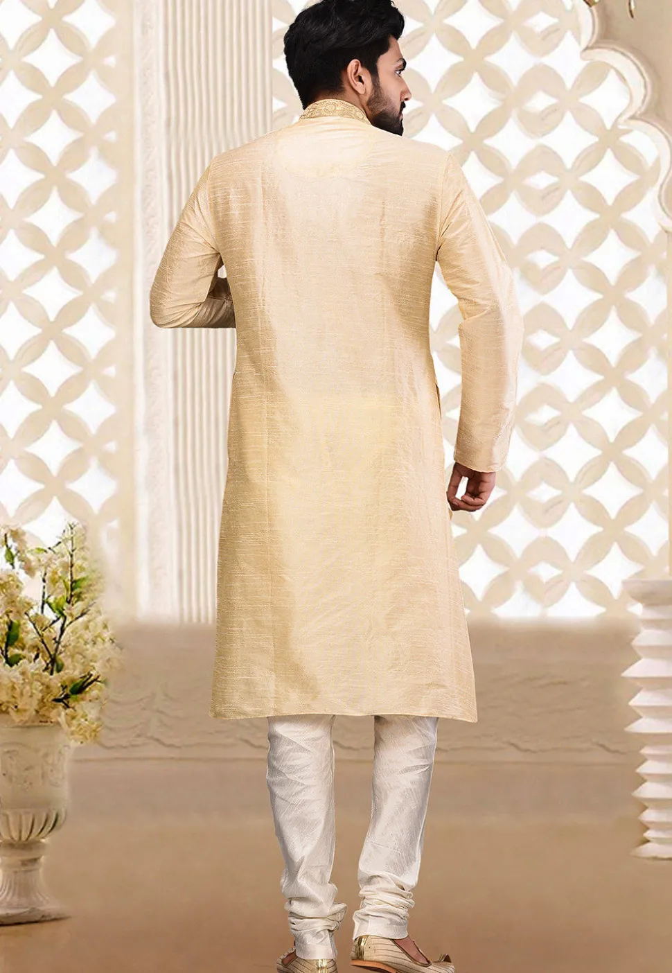 Hand Embroidered Dupion Silk Kurta Set in Light Beige