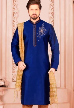 Hand Embroidered Dupion Silk Kurta in Royal Blue