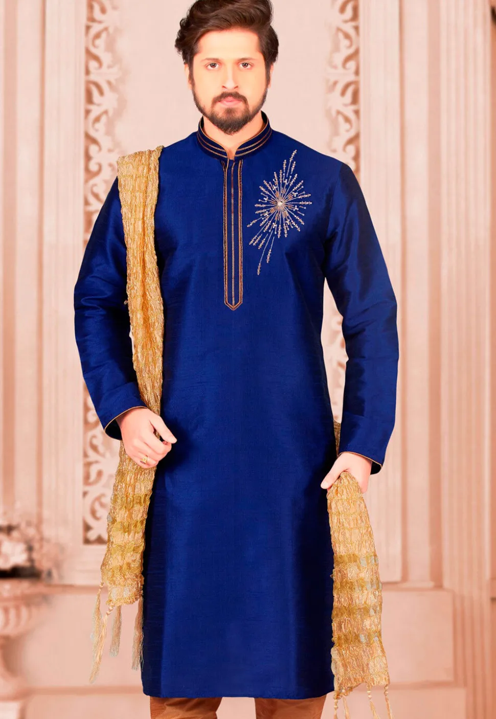Hand Embroidered Dupion Silk Kurta in Royal Blue