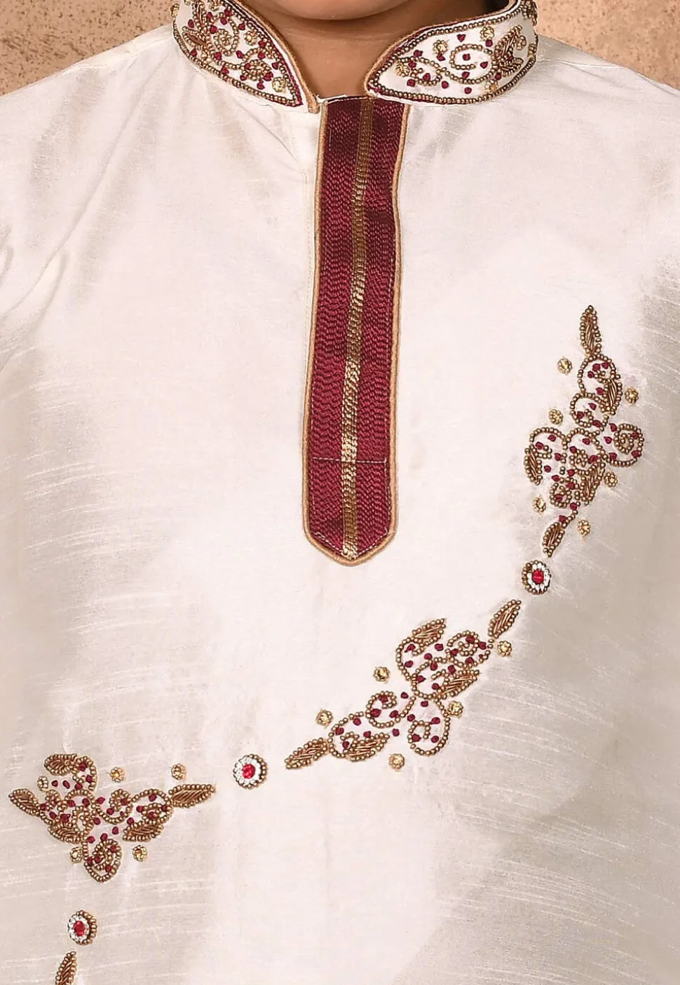 Hand Embroidered Dupion Silk Kurta Set in Cream