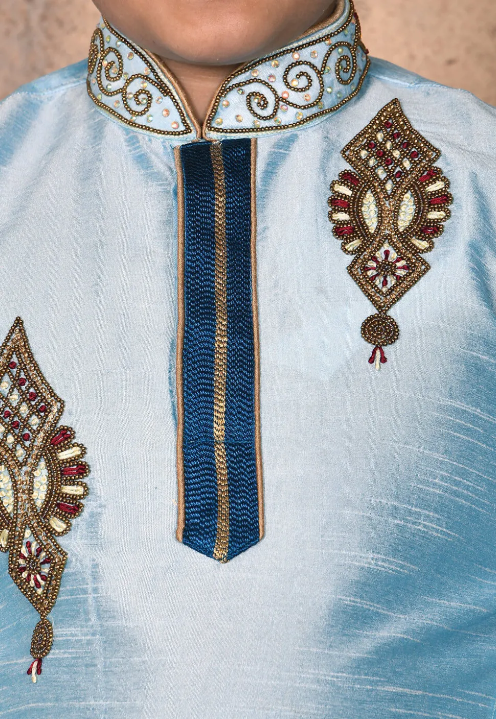 Hand Embroidered Dupion Silk Kurta in Light Blue