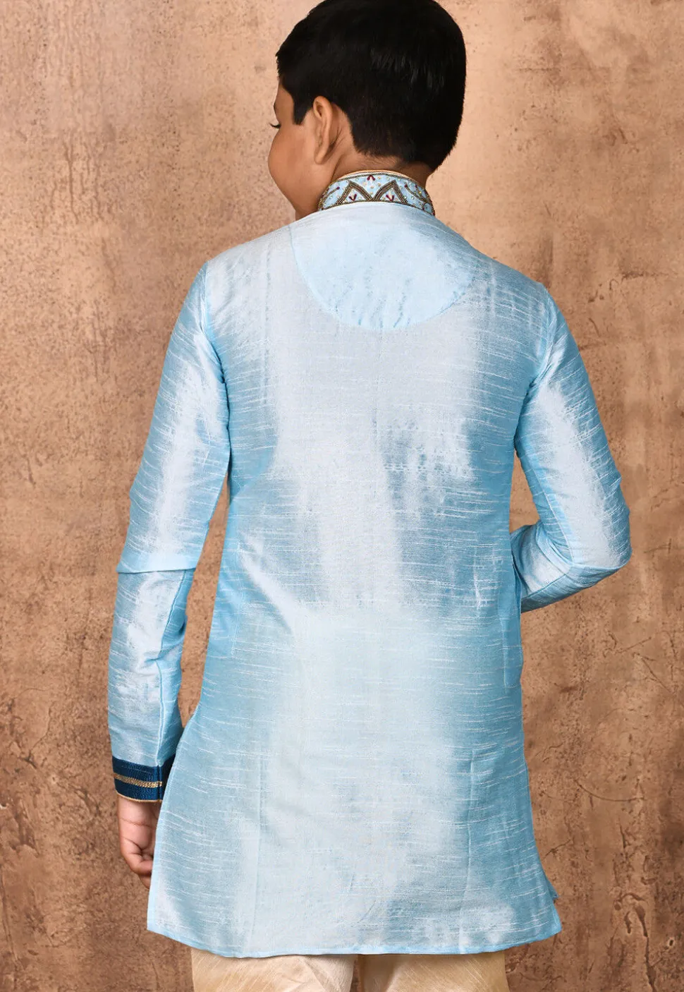 Hand Embroidered Dupion Silk Kurta in Light Blue