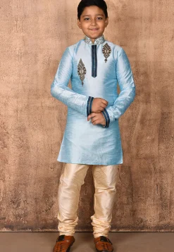 Hand Embroidered Dupion Silk Kurta in Light Blue