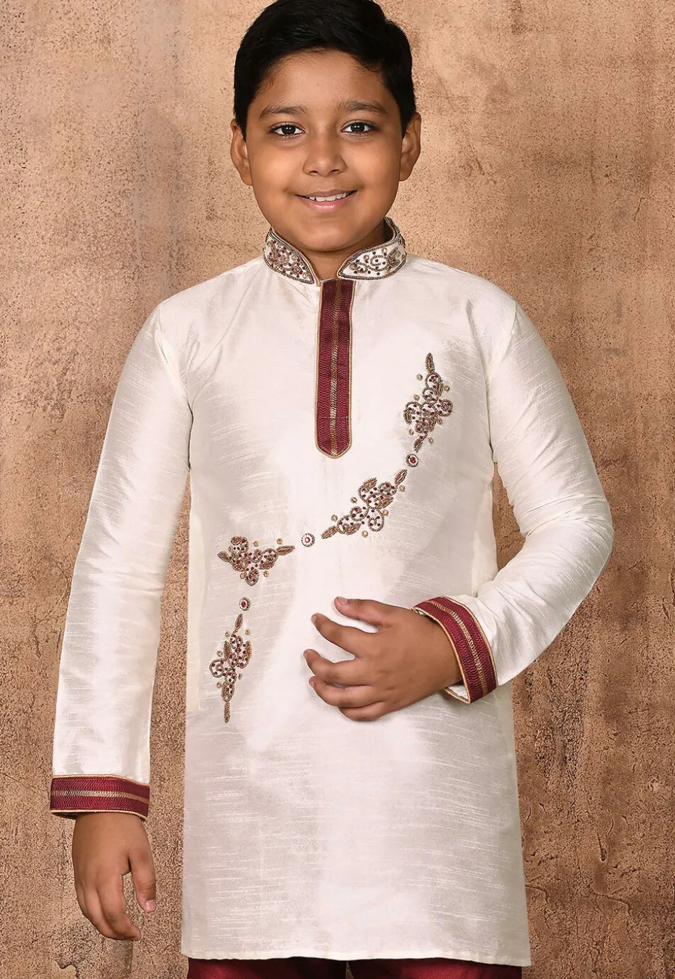 Hand Embroidered Dupion Silk Kurta in Cream