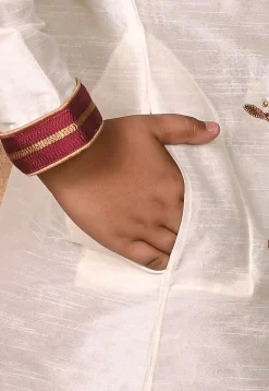 Hand Embroidered Dupion Silk Kurta in Cream