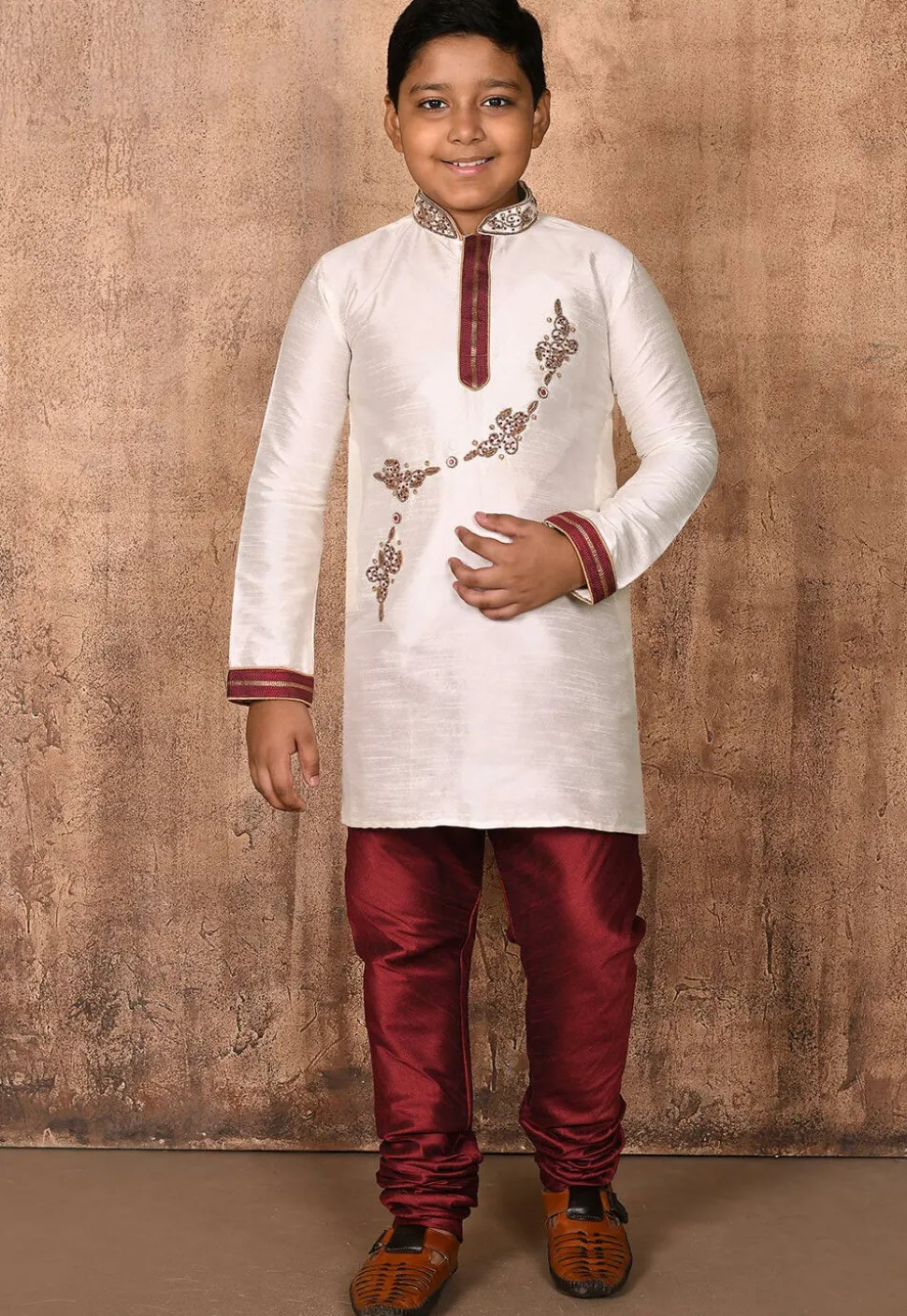 Hand Embroidered Dupion Silk Kurta in Cream
