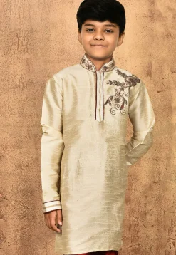 Hand Embroidered Dupion Silk Kurta in Light Beige
