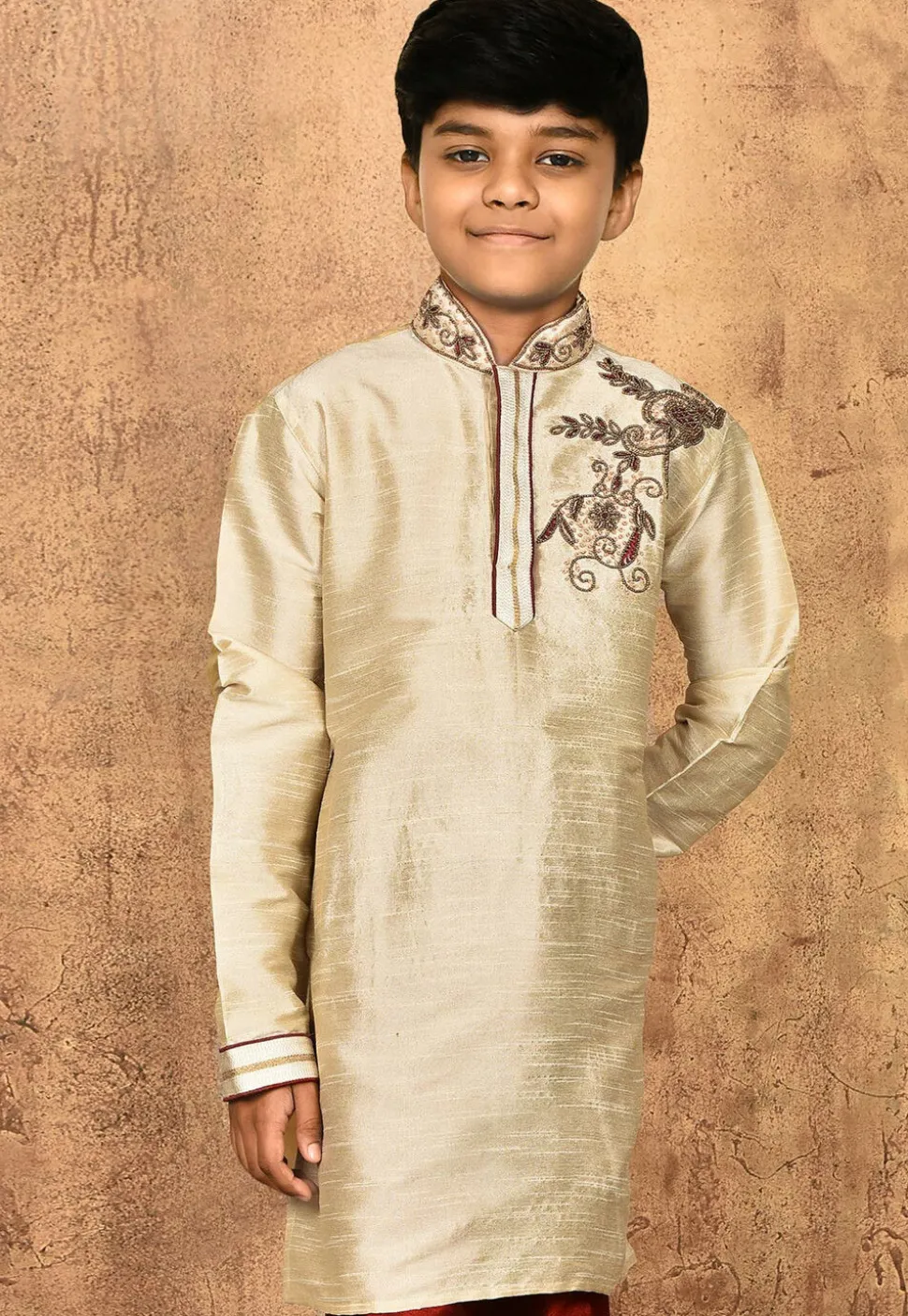 Hand Embroidered Dupion Silk Kurta in Light Beige