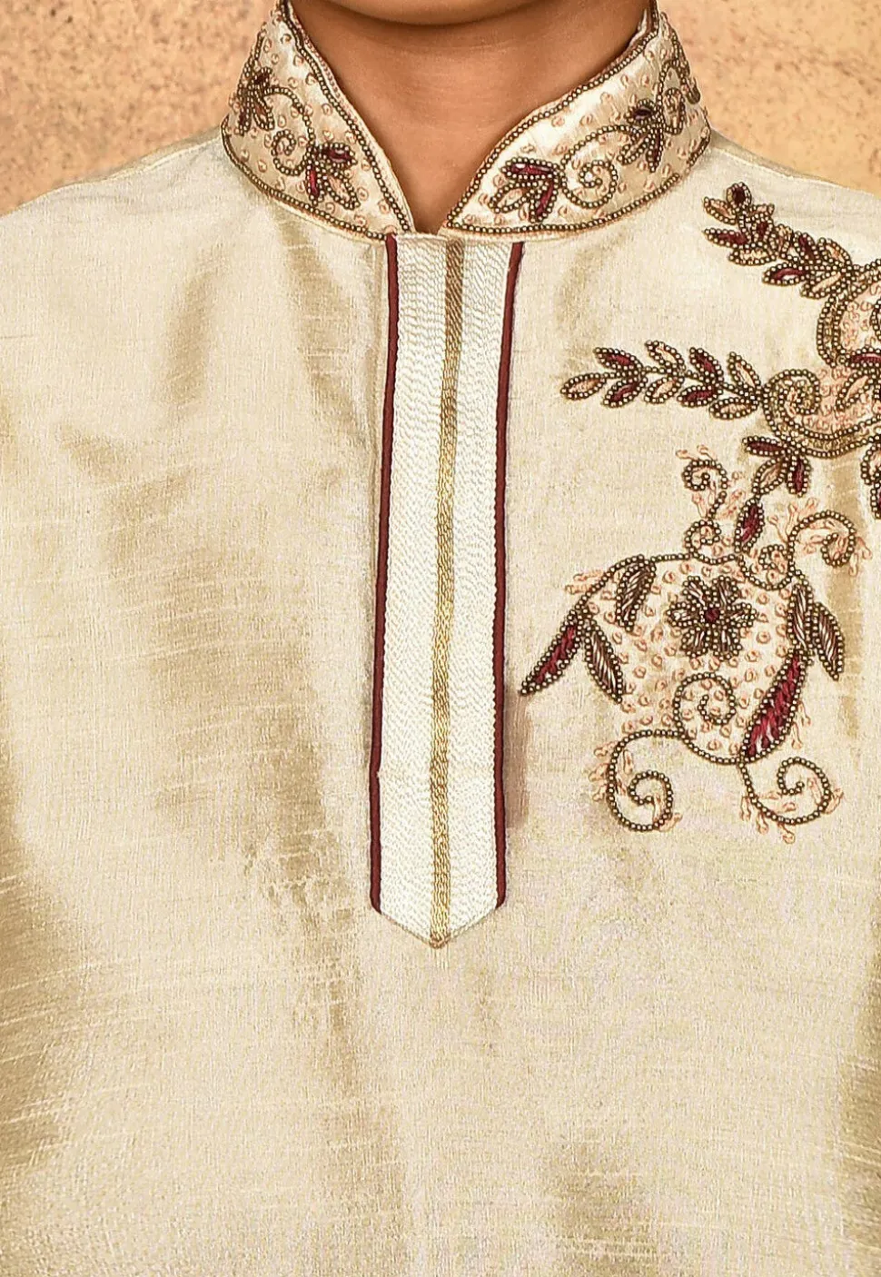 Hand Embroidered Dupion Silk Kurta in Light Beige
