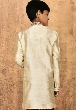 Hand Embroidered Dupion Silk Kurta in Light Beige