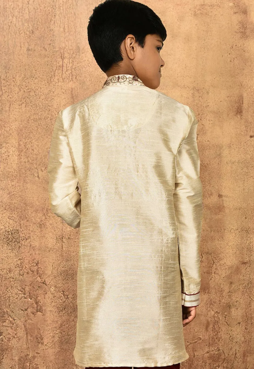 Hand Embroidered Dupion Silk Kurta in Light Beige