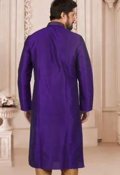 Hand Embroidered Dupion Silk Kurta Set in Purple