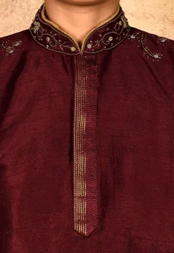 Hand Embroidered Dupion Silk Kurta in Maroon