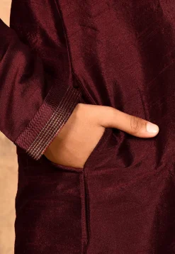 Hand Embroidered Dupion Silk Kurta in Maroon