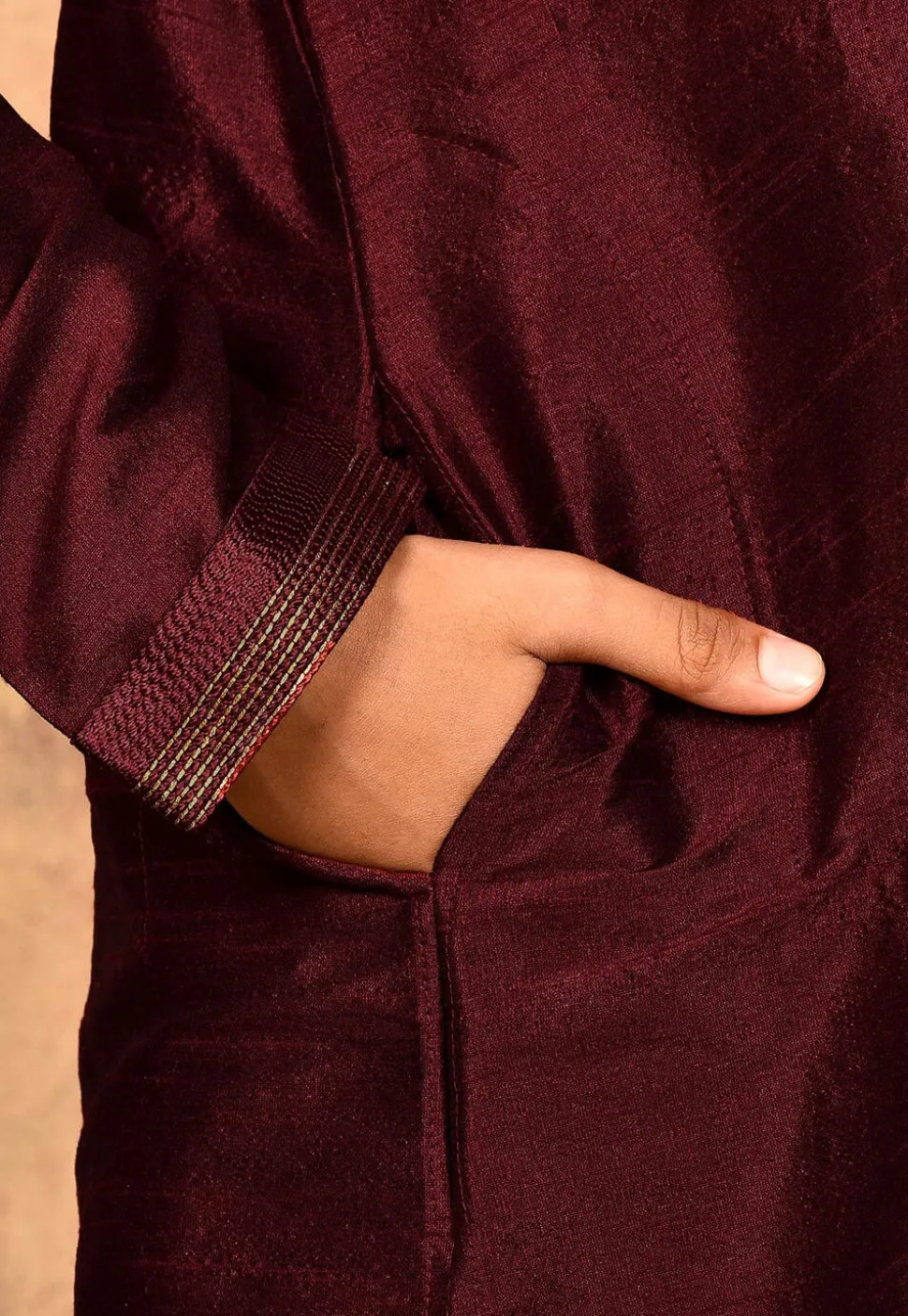 Hand Embroidered Dupion Silk Kurta in Maroon