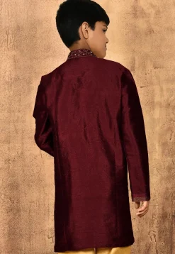 Hand Embroidered Dupion Silk Kurta in Maroon