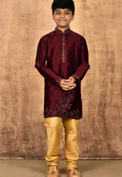 Hand Embroidered Dupion Silk Kurta in Maroon