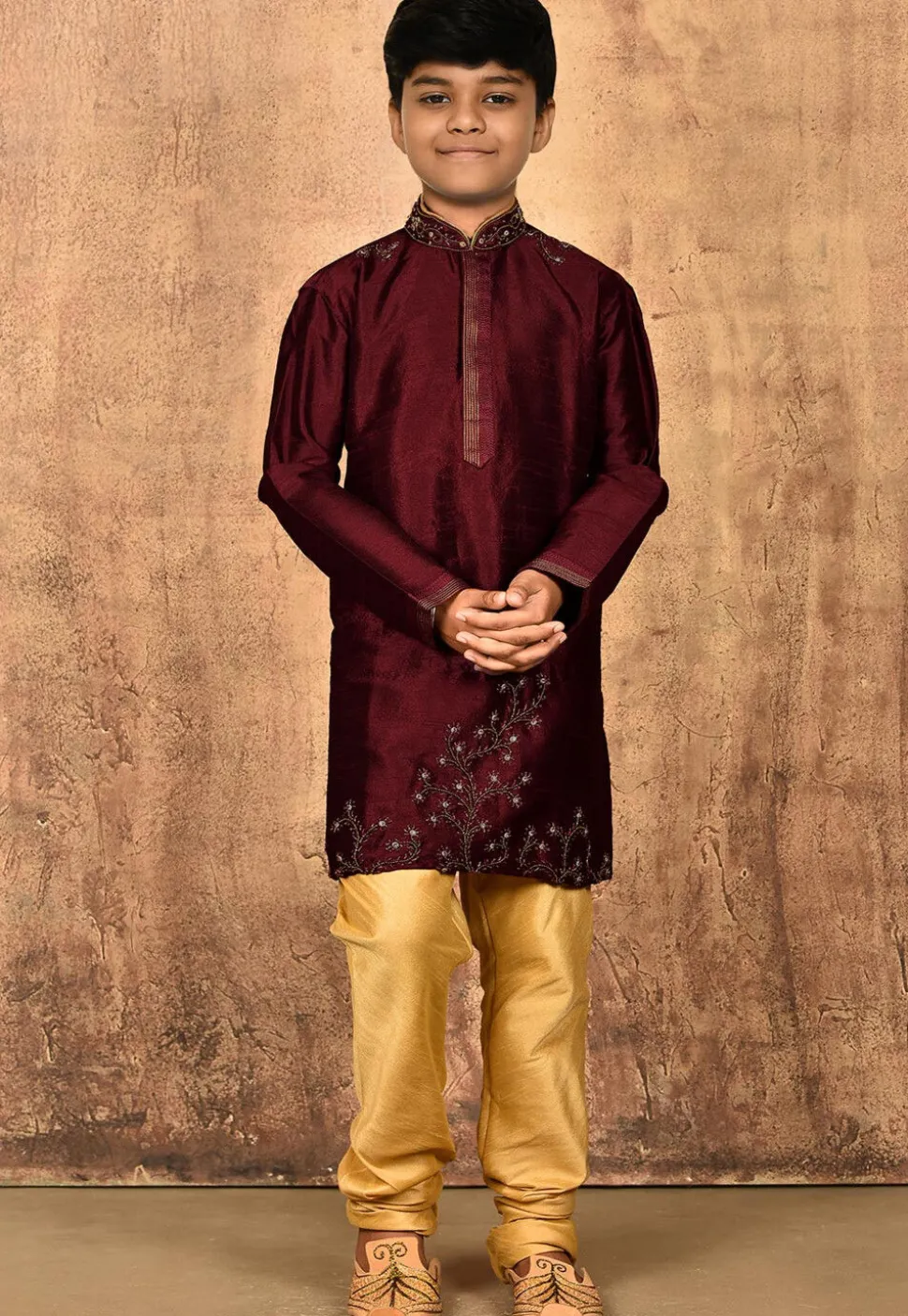 Hand Embroidered Dupion Silk Kurta in Maroon