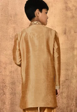Hand Embroidered Dupion Silk Kurta in Beige